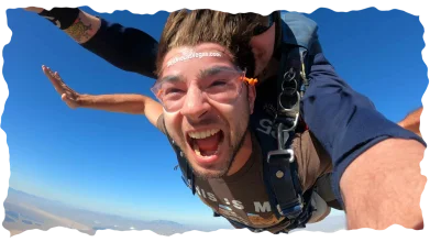 Man shouting with excitement during tandem skydive
